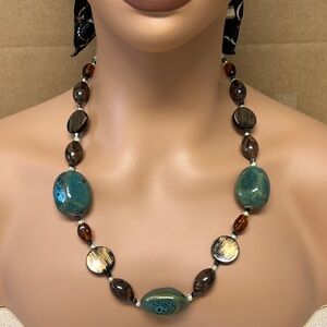 24” Ceramic Turquoise and Brown Beaded Necklace
